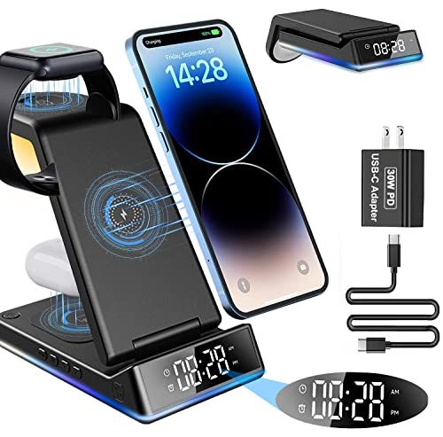 Lishang ワイヤレス充電器 3in1 折りたたみ式 15W急速充電【アラーム/クロック付き】ワイヤレス充電スタンド 置くだけ充電器 スマホ・エアポッズ・アップルウォッチに同時に充電 スタンド ナイトライト付け 6,113円