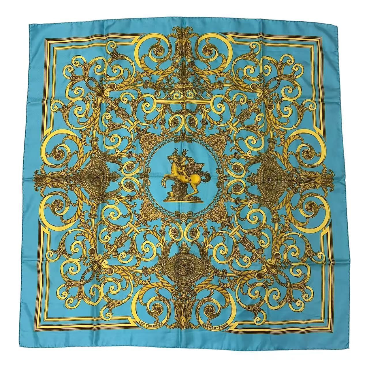 極美品 HERMES エルメス スカーフ カレ90 シルク LES TUILERIES チュイルリー公園 ブルー