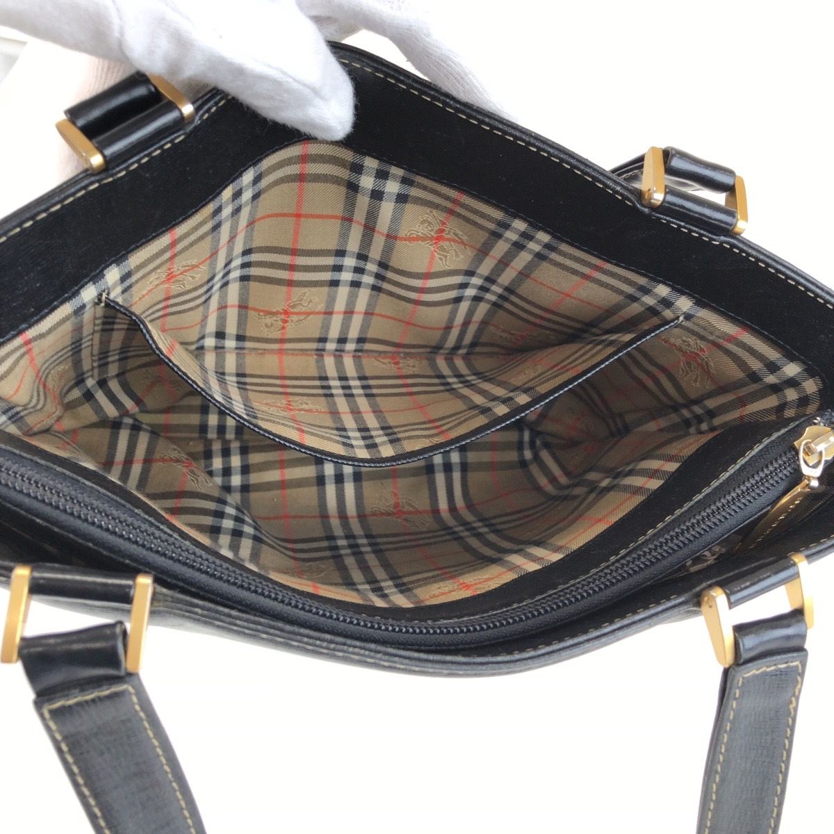 美品 BURBERRY バーバリー チェック柄 ブラック 黒 ゴールド金具
