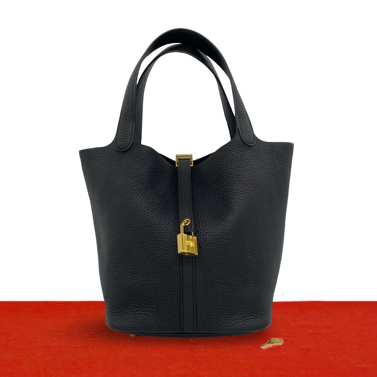 ほぼ未使用 C 刻印 HERMES エルメス ピコタンロック MM レザー 本革 ハンドバッグ ミニ トートバッグ ブラック 黒 10-10