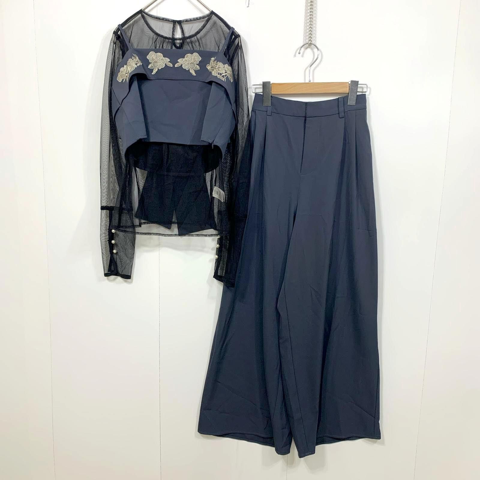 〇 美品 etoll. エトル 3piece刺繍リボンビスチェ＆タックワイドパンツセットアップ パンツドレス セットアップ S ブルーグレー ■■ レディース