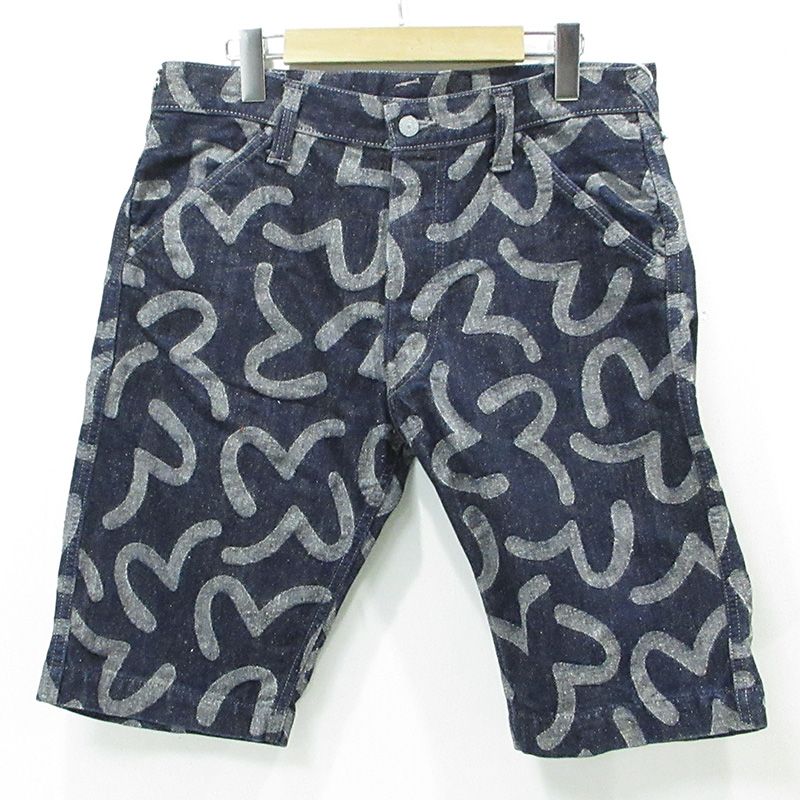 【三重本店】 中古 EVISU | エヴィス Lot. 7550 ジャガードデニムショートパンツ ボタンフライ カモメ柄 総柄 ネイビー サイズ：34 【107】