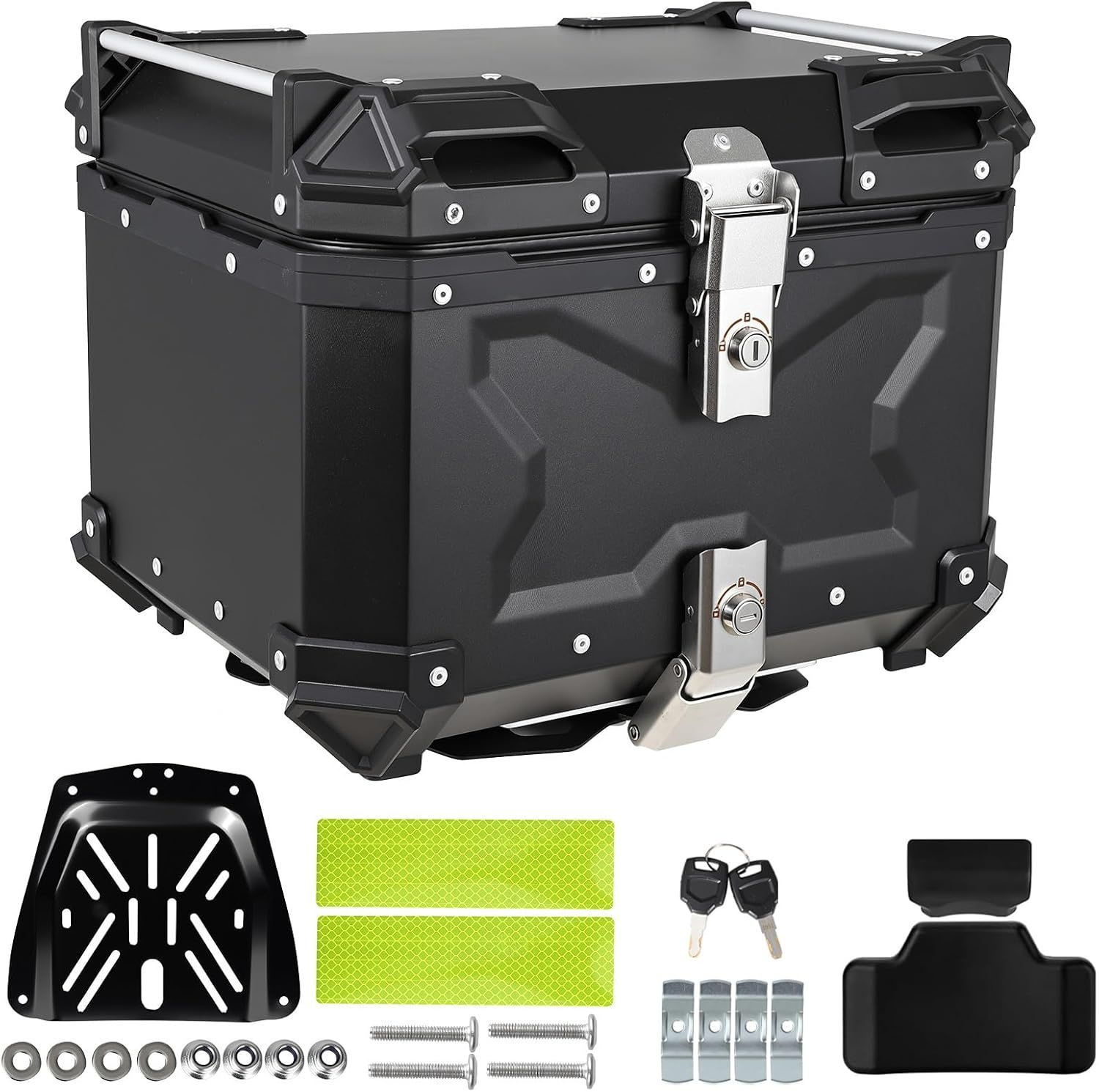 バイク用トップケース 65L アルミボックス ブラック 鍵2本付き 簡単脱着 IP68防水 耐衝撃 取付ベース付属 X型