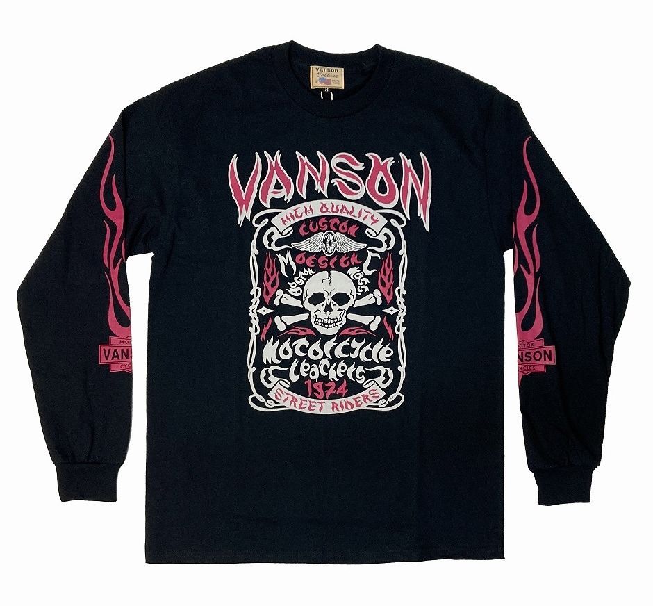 VANSON バンソン 886V193 モーターサイクル スカル ロングTシャツ (長袖T) BLACK ロンT Cotton