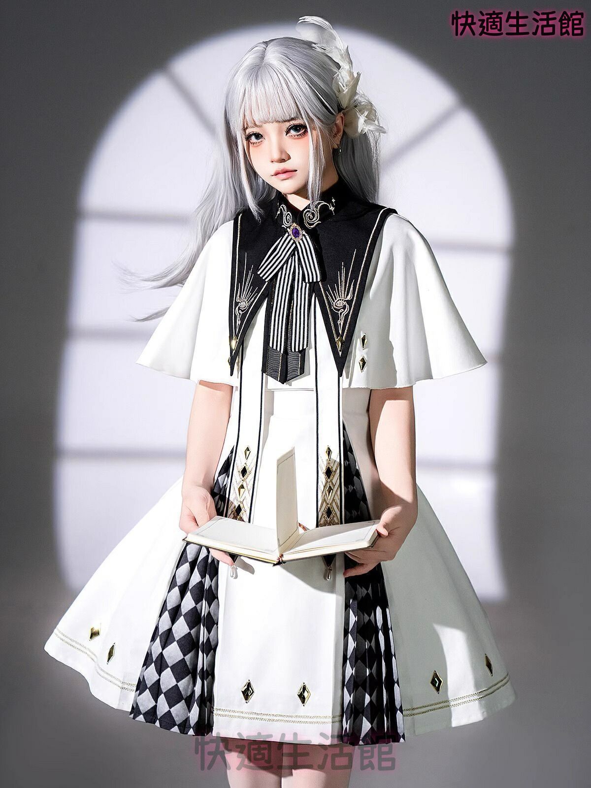 新品 ロリータ ワンピース 3点セット ノースリーブ チェック柄 ショール付き 聖女風 騎士風 つけ襟 純潔 ジャンパースカート ゴシック 暗黒風 膝丈 可愛い エレガント 写真撮り ハロウィン衣装 コスチューム 舞台衣装 演出服 cp731