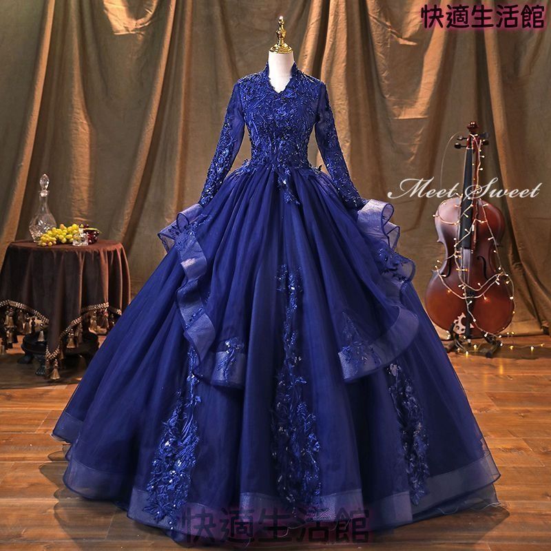 新品 ウェディングドレス ウエディングドレス カラードレス ロングドレス 演奏会 イブニングドレス ステージドレス 舞台衣装 発表会ドレス コンサート 音楽会 演出服 主役 青 ネイビー 花紺 長袖 ロングスリーブ 40代 50代 60代 上品 結婚式 cp