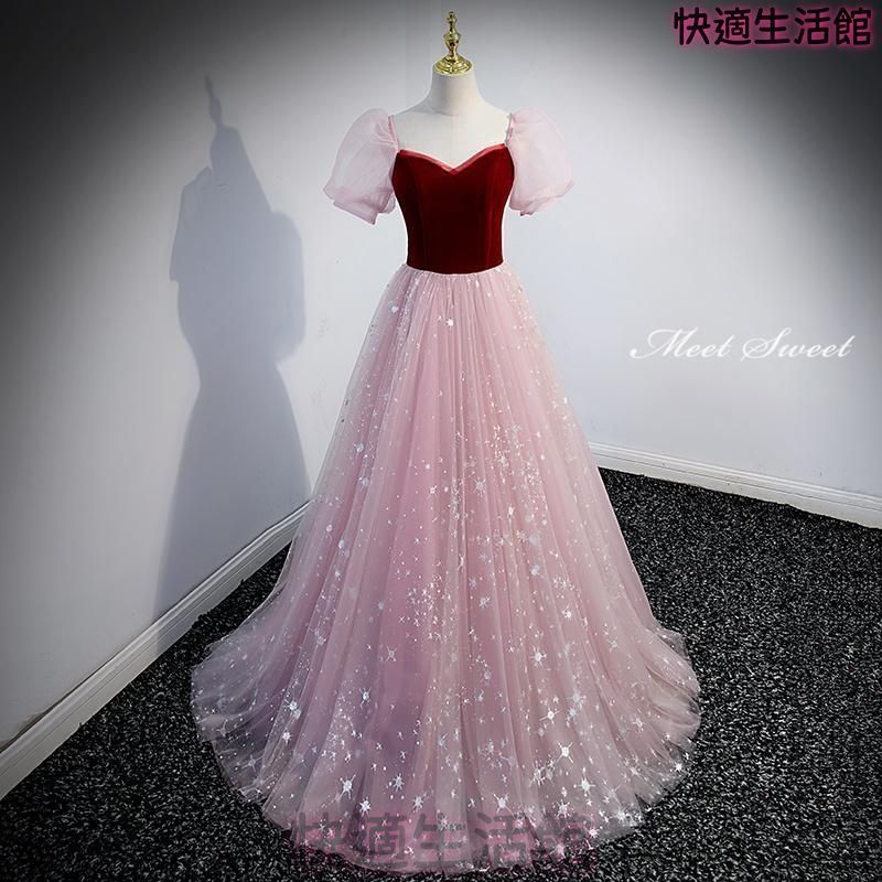 新品 カラードレス 編み上げ ピンク パフスリーブ ステージドレス ロングドレス 結婚式 二次会 発表会 演奏会 ウェディングドレス ウエディングドレス Aラインドレス イブニングドレス コンサート 前撮り パーティードレス ブライダル 花嫁 披露宴 cp