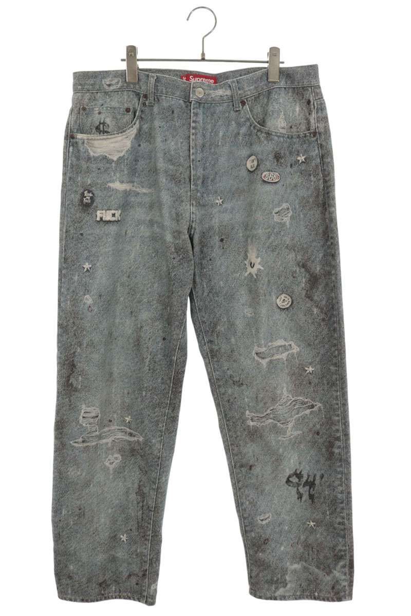 シュプリーム 24AW HJR Trompe Loeil Loose Fit Jean トロンプルイユダメージ加工プリントデニムパンツ メンズ 34