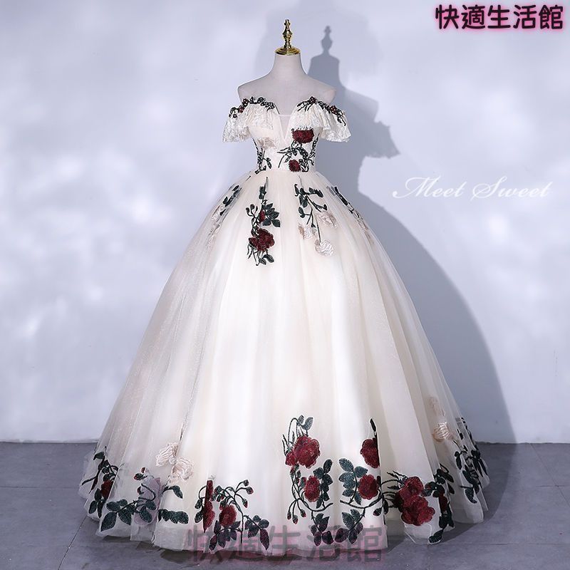 新品 ウェディングドレス ウエディングドレス カラードレス ロングドレス 演奏会ドレス パーティードレス プリンセスラインドレス 音楽会 ステージ 結婚式 舞台衣装 発表会ドレス コンサート コンクール 花柄 刺繍 ベージュ 二次会 イブニングドレス cp