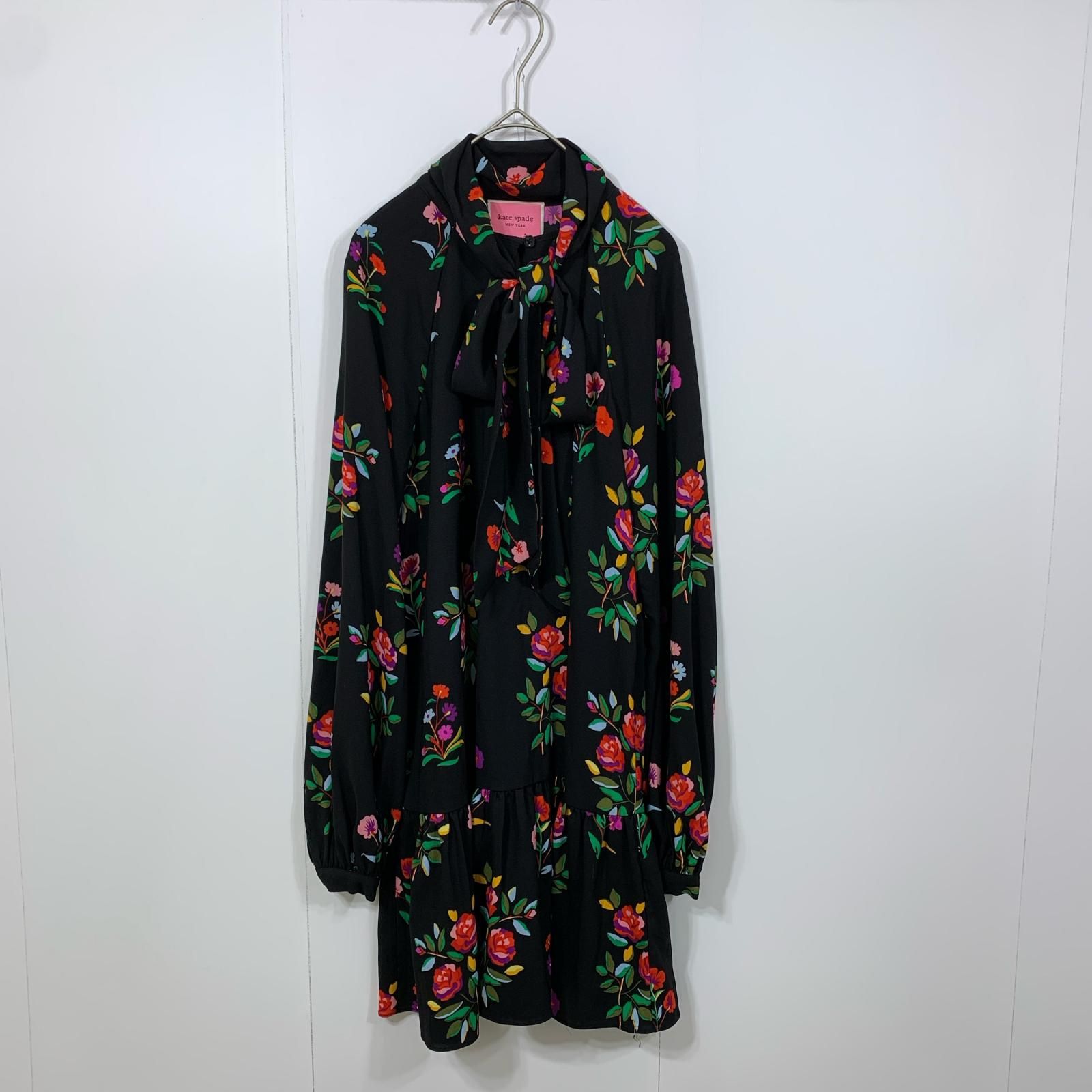 〇 Kate Spade ケイトスペード 花柄 ワンピース 長袖 ボウタイ フラワープリント XS 黒 ■■ レディース