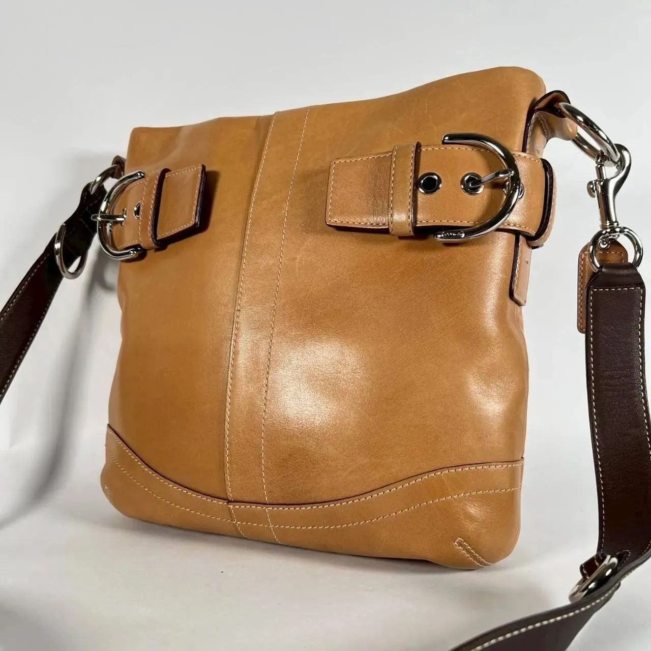 B-256 COACH コーチ 2way ショルダーバッグ キャメル レザー 1452 ダブルバックル クロスボディ 肩掛け 斜め掛け 2260005021501-9