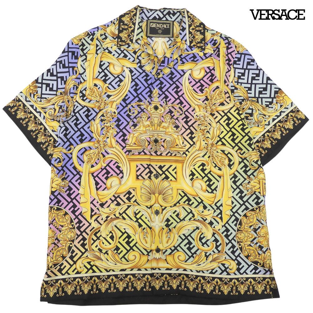 超美品 ヴェルサーチ VERSACE 2021年 フェンディコラボ フェンダーチェ シルク オーバー シャツ ズッカ×バロッコ柄 48 ハンガー ガーメント付き