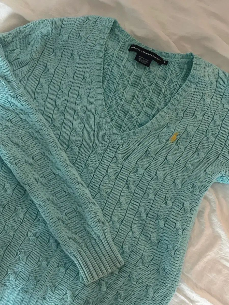 Ralph Lauren ポロラルフローレン スポーツ ヴィンテージ Vネック ケーブル ニット ミント セーター