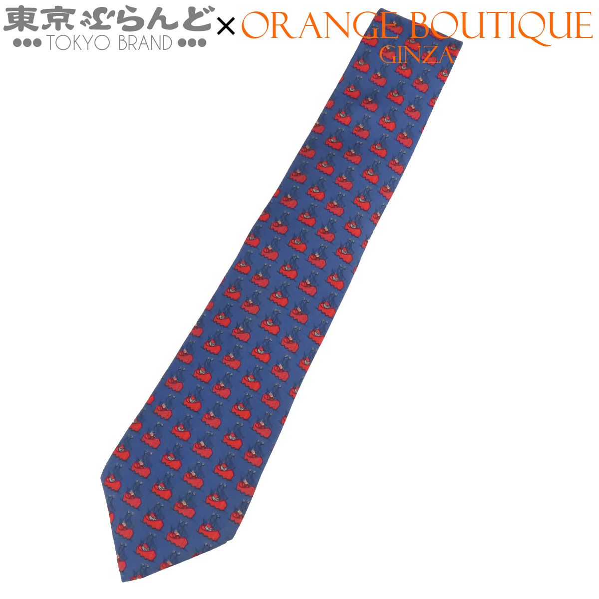 エルメス HERMES ネクタイ ブルーxレッド シルク 船柄 シップ 総柄 メンズ 015000408