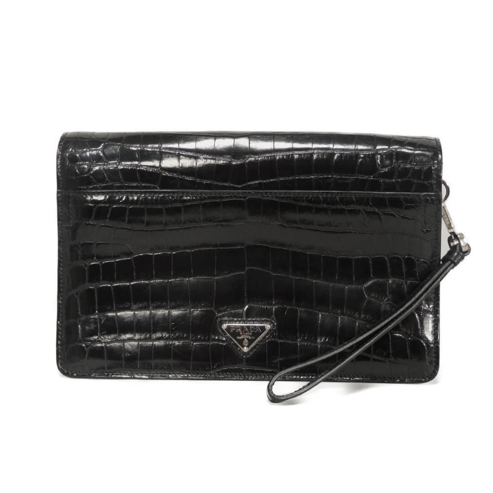 PRADA プラダ コッコドリーロ リストストラップ バッグ トライアングルロゴ ブラック シルバー セカンドバッグ エキゾチック クロコダイル ネロ クラッチバッグ VR0094