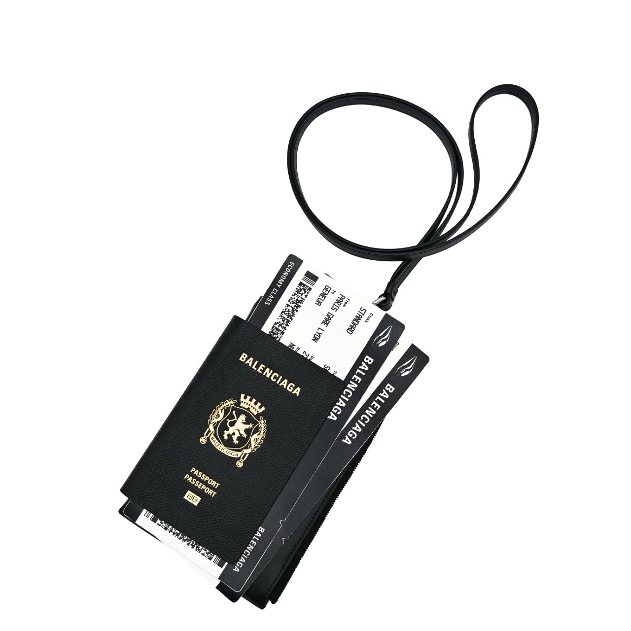 BALENCIAGA バレンシアガ Passport 2チケットフォンフォルダー ブラック ホワイト セミマット ソフトテクスチャード加工カーフスキン ネックウォレット (30636)