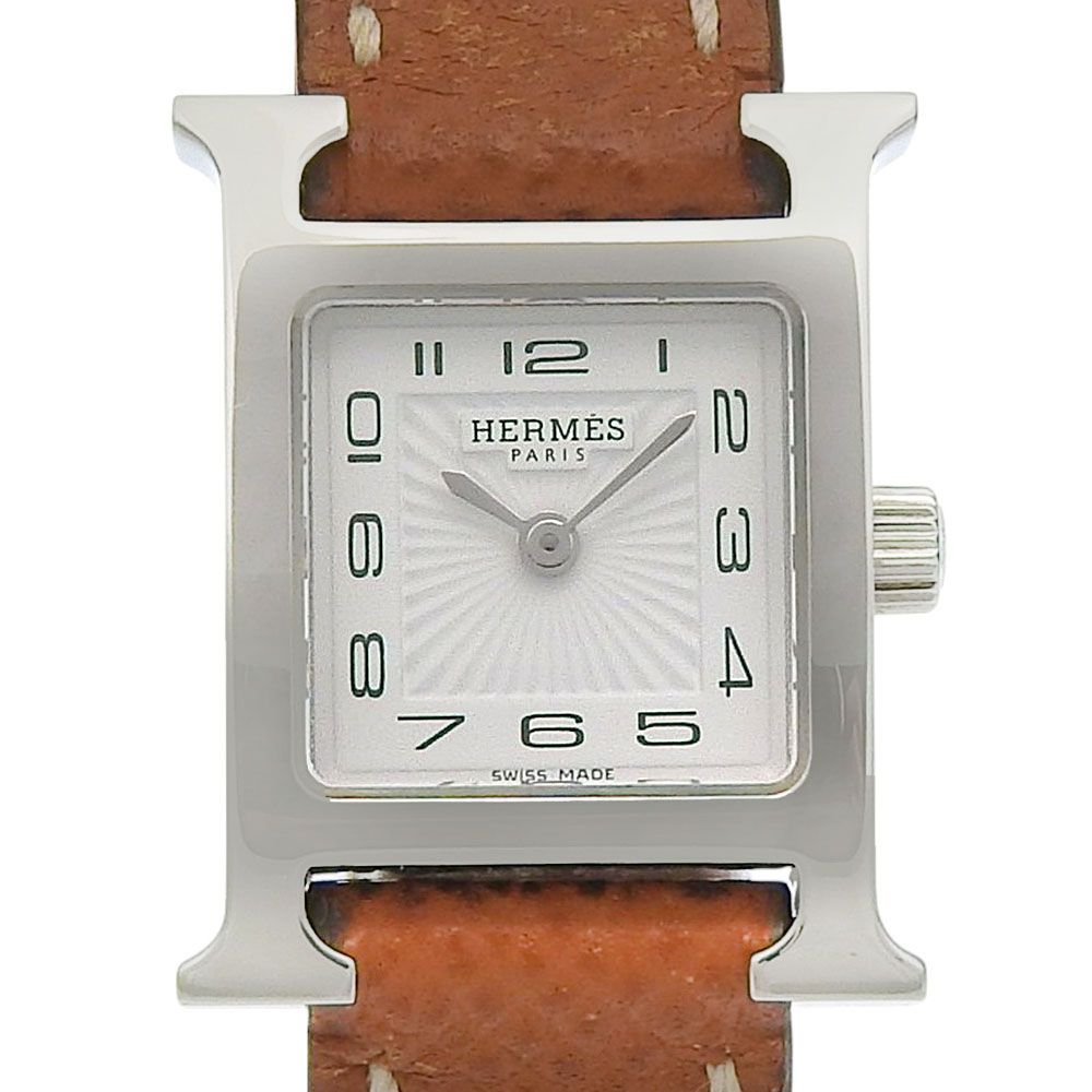 【本物保証】 箱・保付 新品同様 エルメス HERMES Ｈウォッチ ミニ H1.110 □P刻印 白文字盤 SS/レザー 縦約24mm×横約17mmレディース 時計