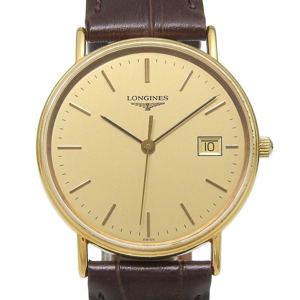 【本物保証】 ロンジン LONGINES L4 636 2 ゴールド文字盤 GP/レザー クォーツ 電池 約32ミリ メンズ 腕時計 シンプル ビジネス 他社ベルト