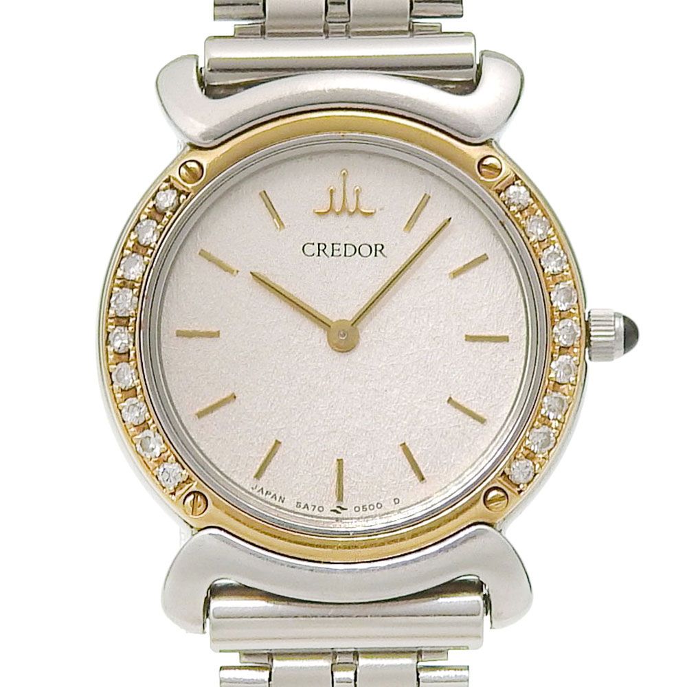 【本物保証】 保付 超美品 セイコー SEIKO クレドール 5A70 0290 シルバー文字盤 ベゼルダイヤ SS/K18YG クォーツ 22mm レディース 腕時計