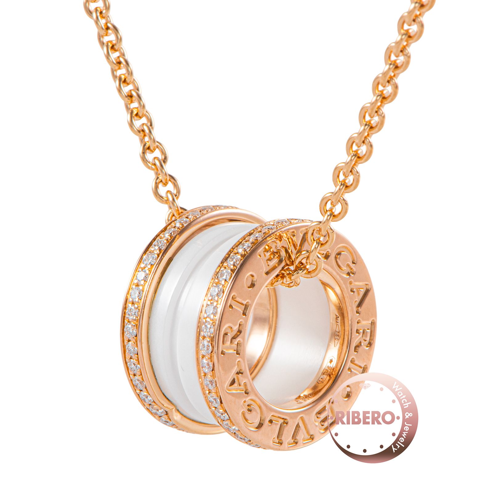 BVLGARI ブルガリ ビー・ゼロワン ネックレス K18PG セラミック ダイヤモンド ピンク ホワイト【中古】 225,540円