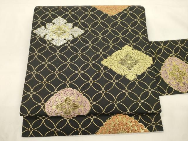 平和屋着物●九寸名古屋帯　七宝菱文　黒地　金糸　正絹　逸品　CABK8648dy