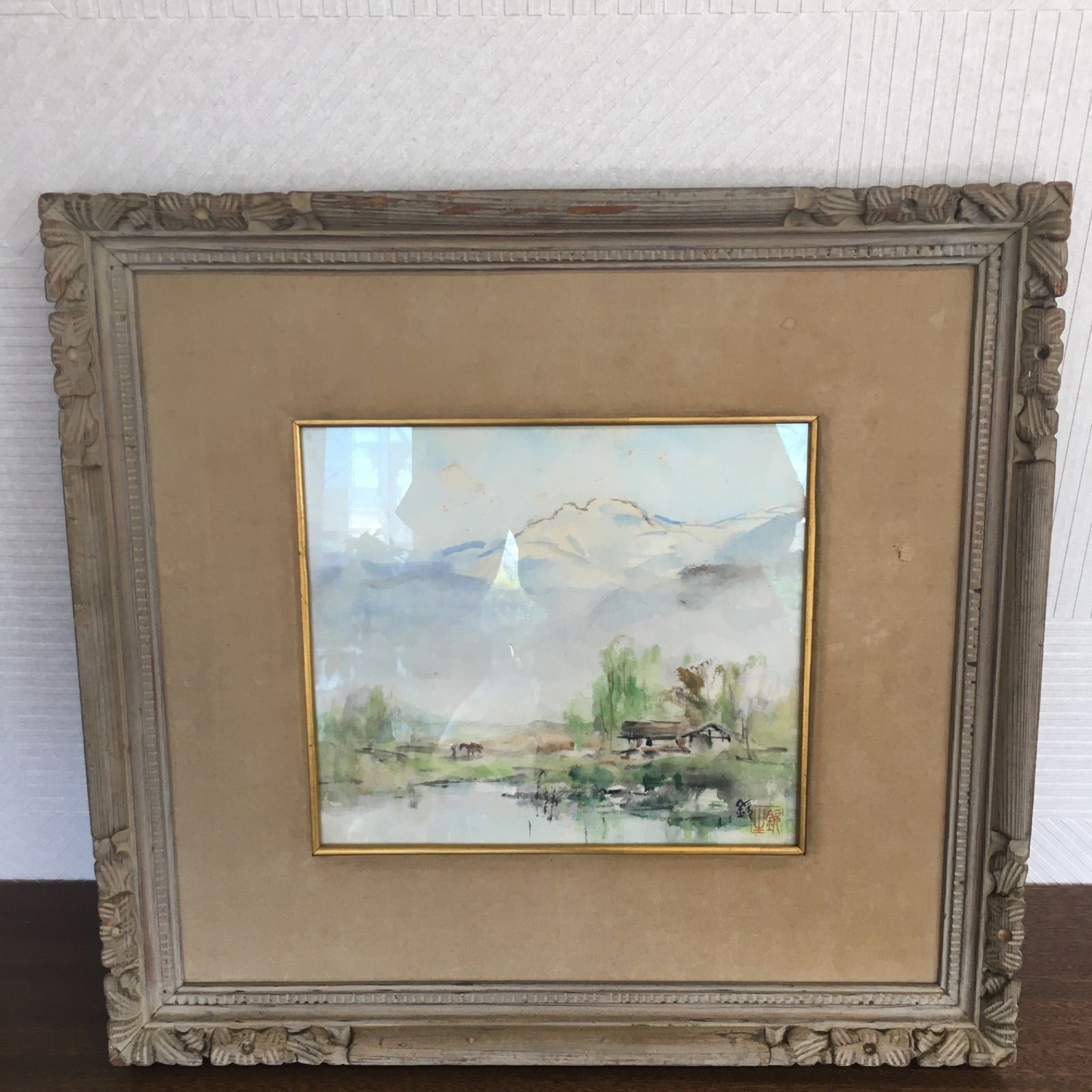 石川欽一郎 風景水彩画 山岳農村風景 額装 署名印章あり