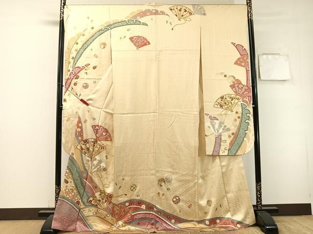 平和屋着物●豪華振袖　駒刺繍　檜扇花文　金彩　正絹　逸品　CABL0055vp