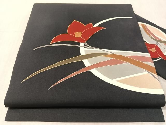 平和屋着物●塩瀬　九寸名古屋帯　駒刺繍　草花文　金彩　正絹　逸品　CABL0092vp