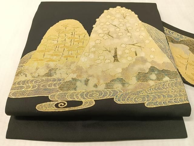 平和屋着物●塩瀬　九寸名古屋帯　重山花文　黒地　金彩　正絹　逸品　CABL0101vp