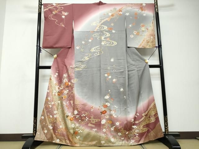 平和屋着物●訪問着　駒刺繍　流水草花文　暈し染め　金彩　正絹　逸品　DABI9061ud 27,040円