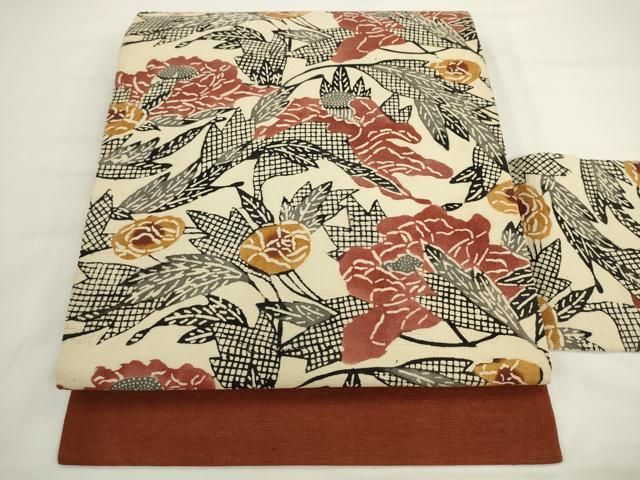 平和屋着物●九寸名古屋帯　紬地　型染め　草花文　正絹　逸品　AABL2125pf 28,080円