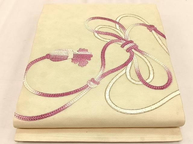 平和屋着物＊夏物　九寸開き名古屋帯　駒刺繍　総刺繍　結び紐文　正絹　逸品　CABK1520fb
