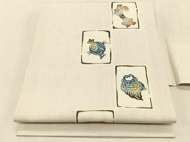 平和屋着物＊夏物　九寸名古屋帯　紅型　紬地　色紙吉祥文　正絹　逸品　CABK1568fb