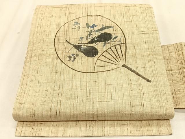 平和屋着物＊夏物　九寸名古屋帯　手描き　団扇　成り物　麻　逸品　CABK1506fb