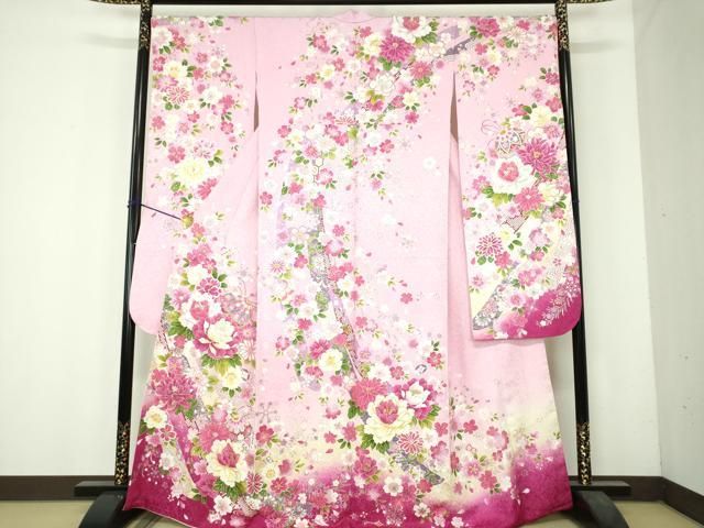 平和屋着物●豪華振袖　刺繍　枝垂れ桜　花手毬熨斗文　暈し染め　金彩　銀通し地　正絹　逸品　DABH9869ps