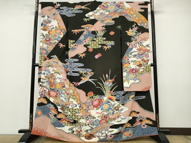 平和屋着物●豪華振袖　紅型　風景草花文　正絹　逸品　CABJ6646ut