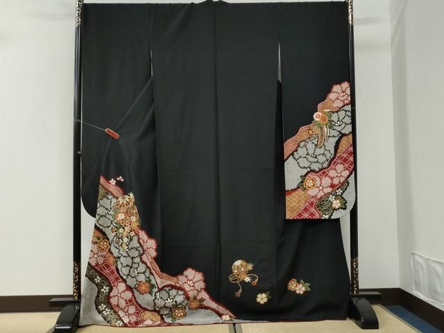 平和屋着物●豪華振袖 毬牡丹花文 黒地 金彩 正絹 逸品 CABI3284yc