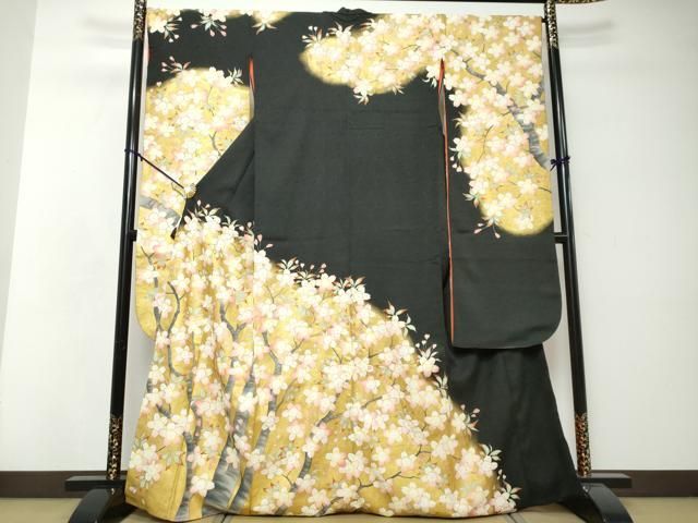 平和屋着物●豪華振袖 枝桜文 黒地 金彩 正絹 逸品 DABI2581ud