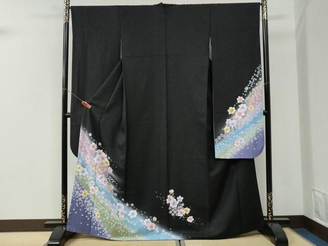 平和屋着物●豪華振袖　舞花文　黒地　銀通し地　正絹　逸品　CABI3072yc