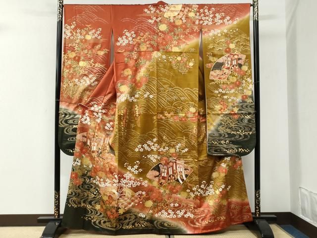 平和屋着物●豪華振袖　駒刺繍　御所車流水地紙鼓草花文　暈し染め　金彩　正絹　逸品　CABI3135yc 33,800円