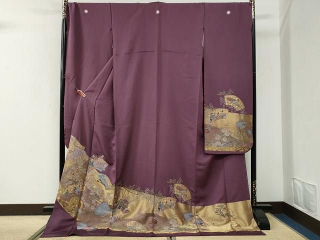 平和屋着物●豪華振袖　寿光織　地紙人物几帳御所車花文　金糸　正絹　逸品　CABI3027yc
