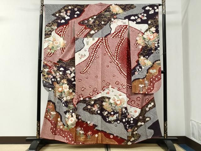 平和屋着物●豪華振袖　駒刺繍　絞り　青海波地紙花車文　金彩　正絹　逸品　CABI2752yc
