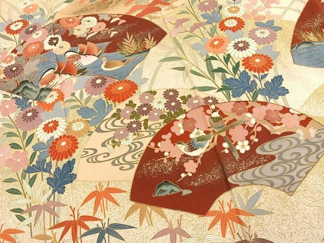 平和屋着物●豪華振袖　駒刺繍　地紙花鳥文　金彩　正絹　逸品　AABK1339fy