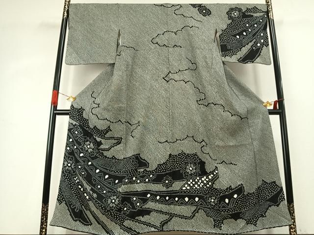 平和屋着物●訪問着　総絞り　熨斗花文　黒地　正絹　逸品　AABK1209fy