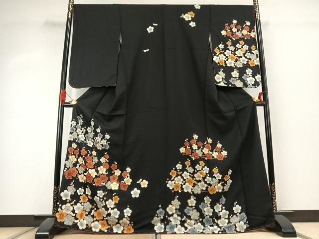 平和屋着物●訪問着　枝梅文　黒地　金彩　正絹　逸品　未使用　AABK1142fy