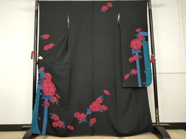 平和屋着物●豪華振袖　草花文　黒地　正絹　逸品　AABK1807cs