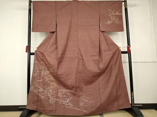 平和屋着物●訪問着　紬地　流水花松船文　正絹　逸品　未使用　AABK1808cs