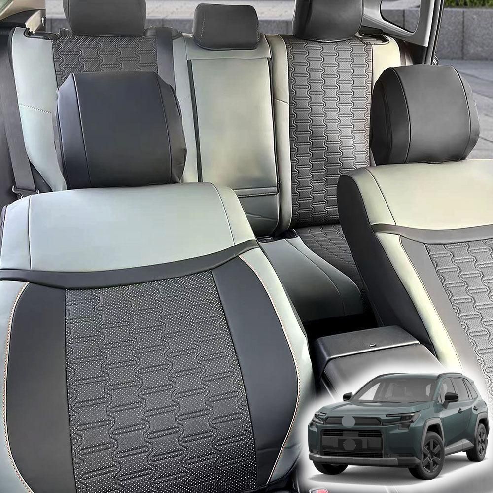 トヨタ Toyota RAV4 2026年モデル シート保護マット 12点セット ライトグリーン×ブラック レザー素材 蝶形バックル・面ファスナー取付 傷防止 擦れ防止 内装アクセント