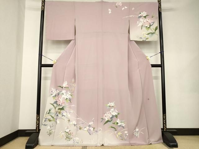 平和屋着物●訪問着　友禅　作家物　草花文　暈し染め　ロング丈　正絹　逸品　AABK1879ck