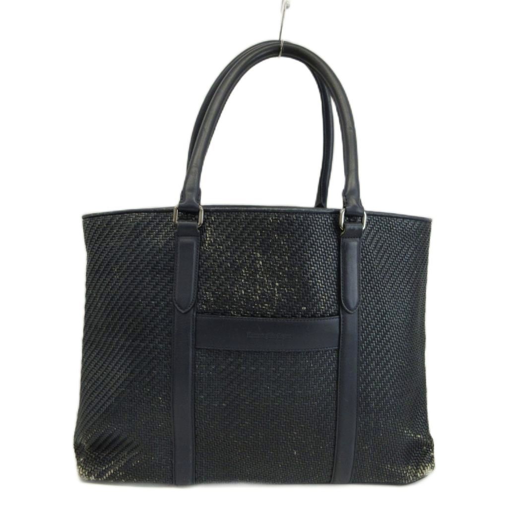 エルメネジルドゼニア Ermenegildo Zegna PELLETESSUTA トートバッグ 肩掛け レザー 編み込み ロゴ 紺 ネイビー /XZ ■GY64